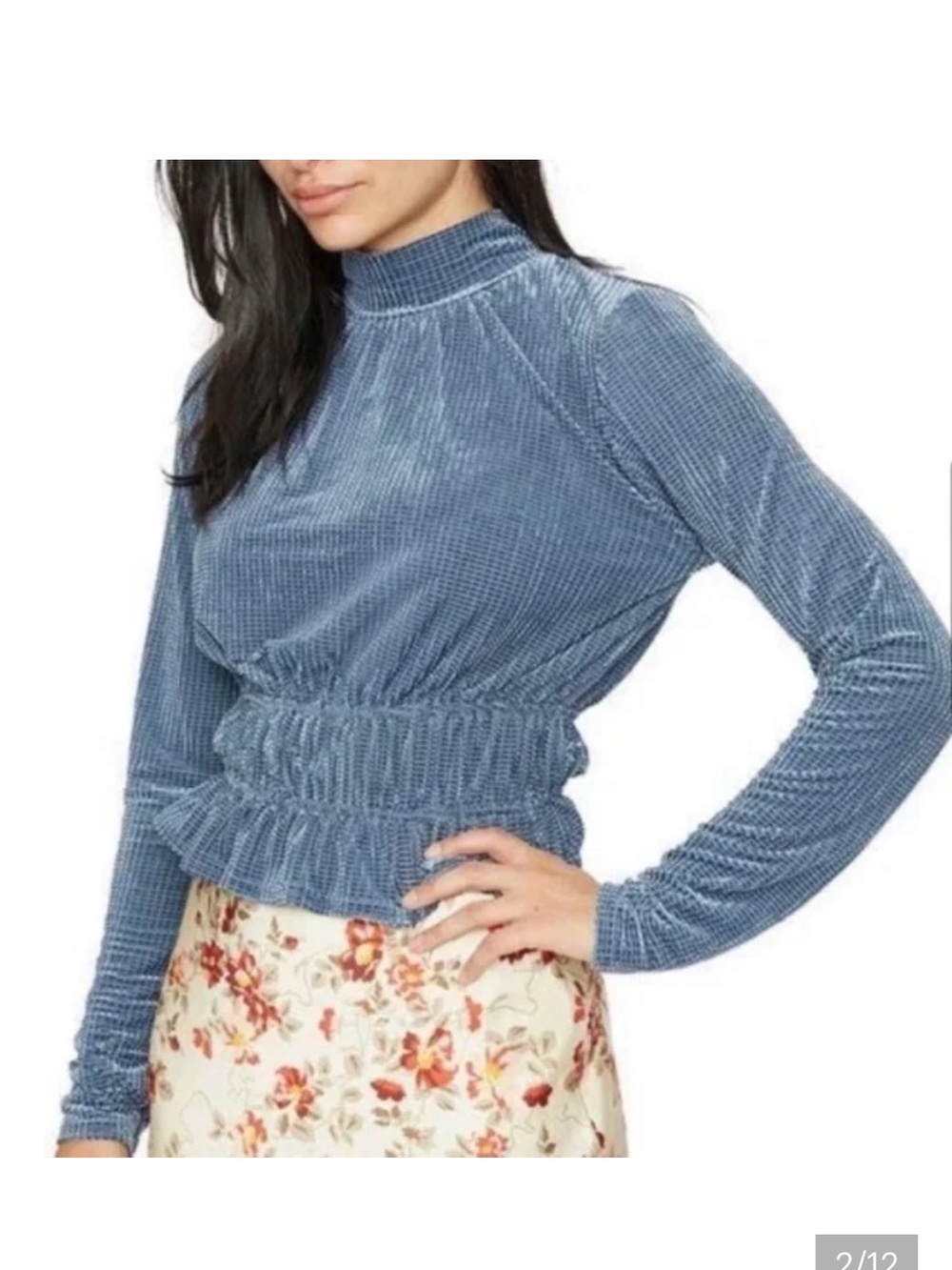 NWT Lost + Wander Dusty Blue Velvet Mock Neck Ruched Long Sleeve Peplum Top XS